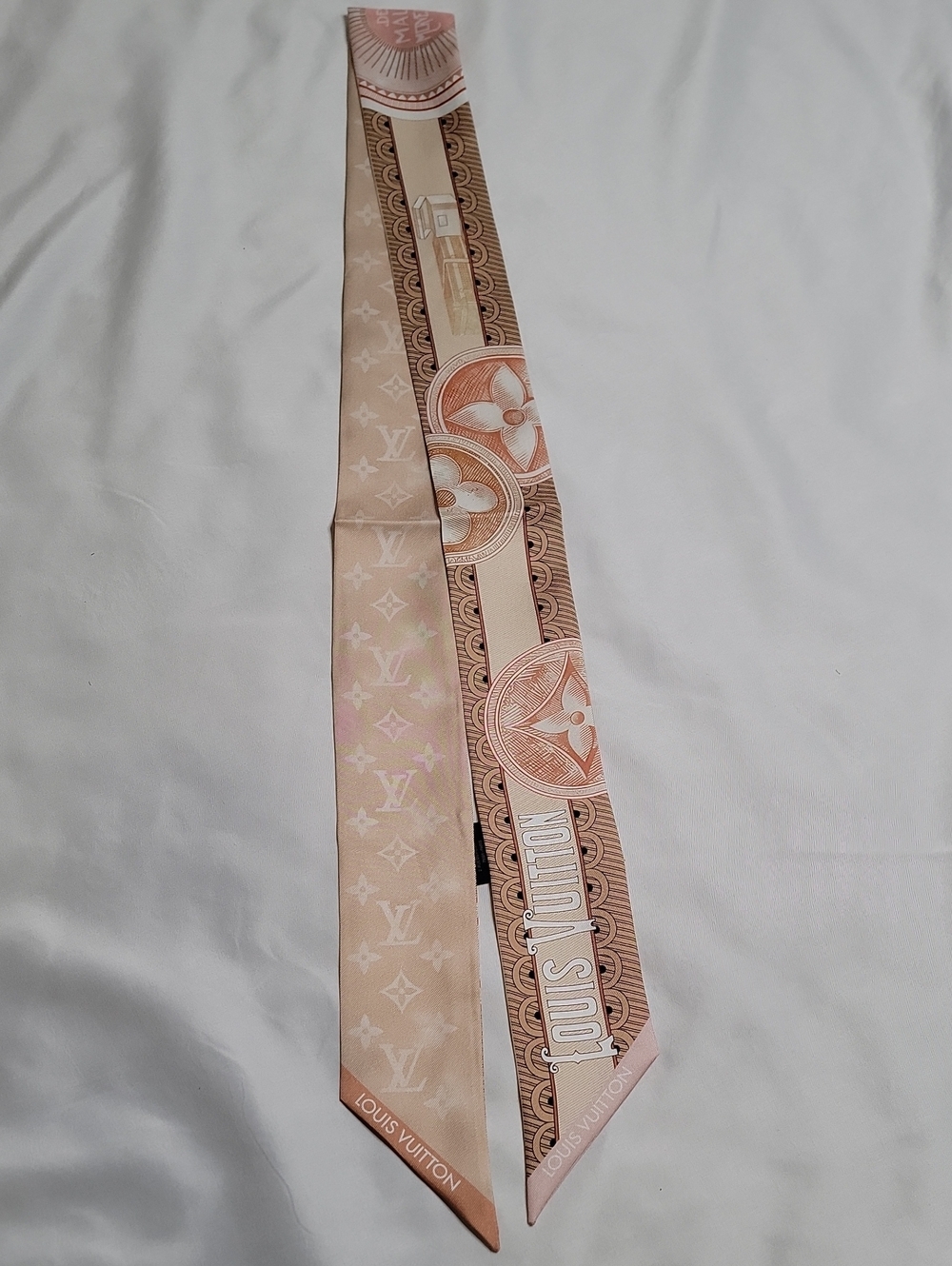 Louis Vuitton Peach and Beige Silk Twilly Scarf